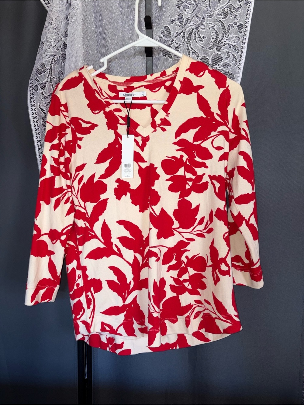Chico's Cream Long Sleeve Top with Bold Red Floral Pattern